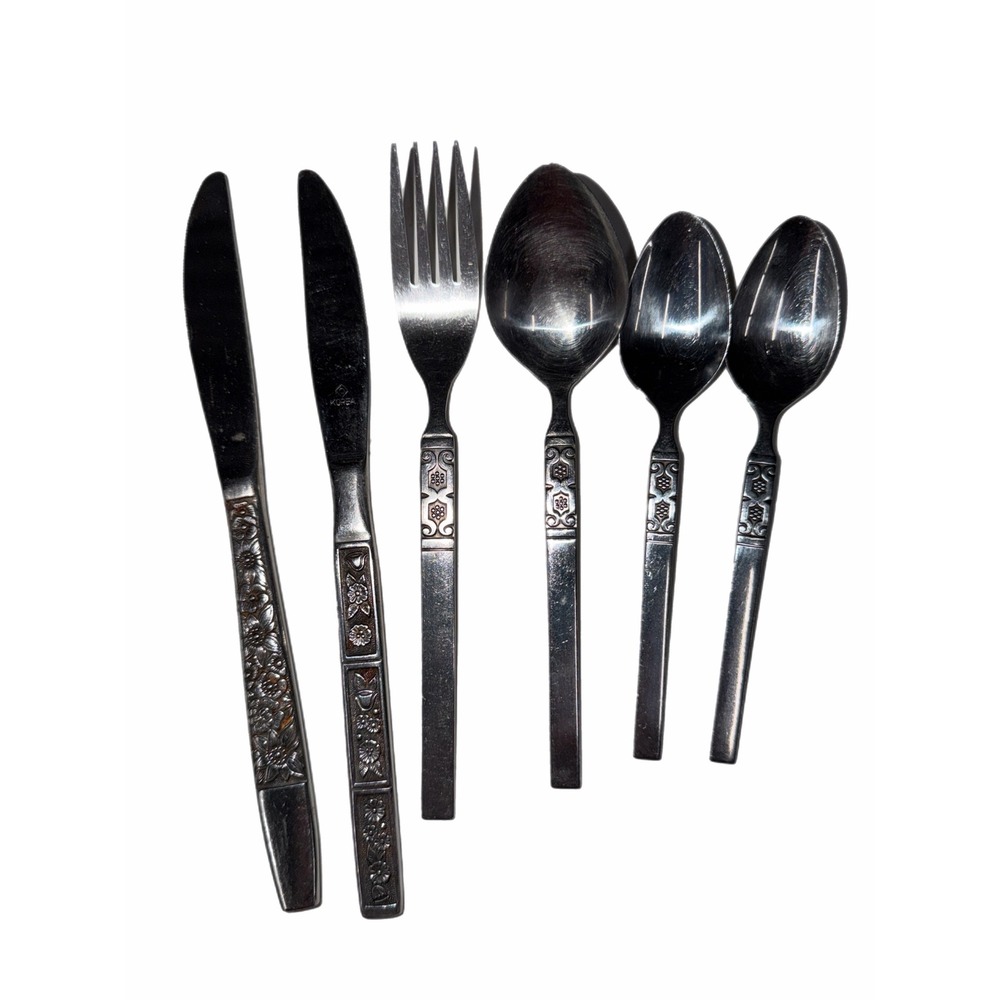 Northland Stainless Korea Flatware Set 6pc Mixed Floral Geometric Vintage Silver